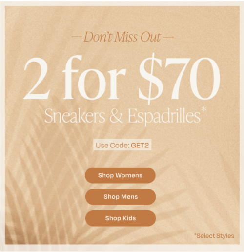 TOMS Canada Deals: Get 2 for $70 Sneakers & Espadrilles Using Promo Code + Sale Styles